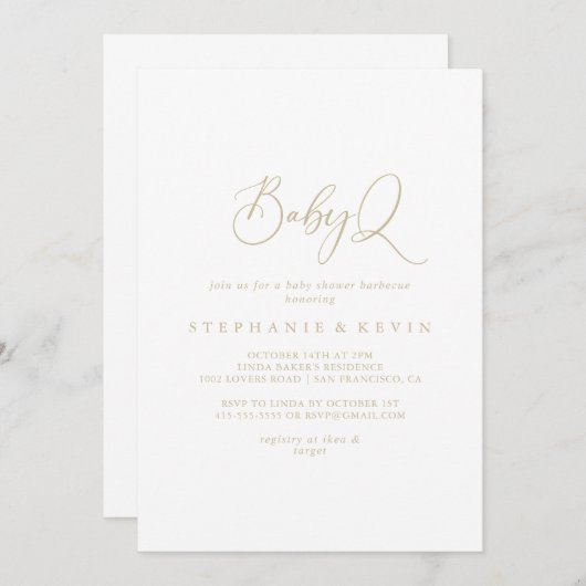 金ゴールドの牧歌的な赤ちゃんQ赤ちゃんシャワーバーベキュー 招待状 (正面/裏面)