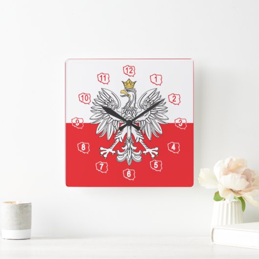 金ゴールドの王冠の旗の柱時計を持つポーランドのワシ スクエア壁時計 (ホーム)