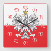 金ゴールドの王冠の旗の柱時計を持つポーランドのワシ スクエア壁時計 (正面)