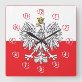 金ゴールドの王冠の旗の柱時計を持つポーランドのワシ スクエア壁時計