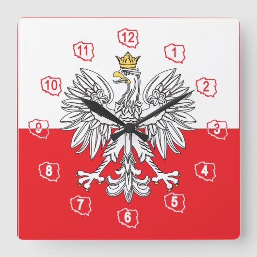 金ゴールドの王冠の旗の柱時計を持つポーランドのワシ スクエア壁時計 (正面)
