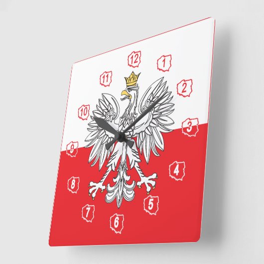 金ゴールドの王冠の旗の柱時計を持つポーランドのワシ スクエア壁時計 (傾斜)