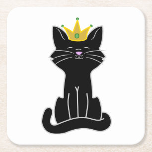 金ゴールドの王冠を持つ着席の黒猫 スクエアペーパーコースター