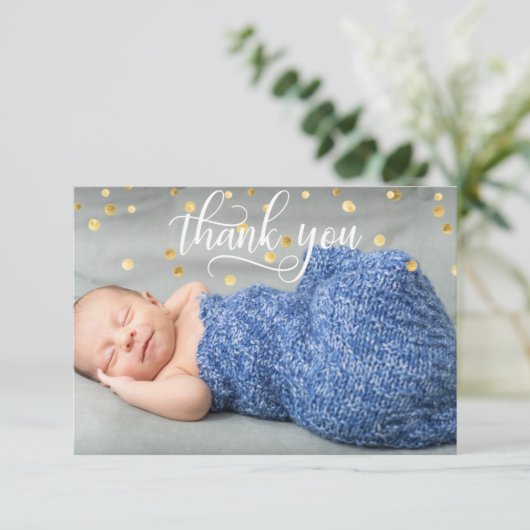金ゴールドの男の子のベビーシャワーは|の写真感謝していしています + 文字 サンキューカード (スタンド正面)
