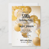 金ゴールドの白いバルーンバースデーパーティ招待状 (正面)