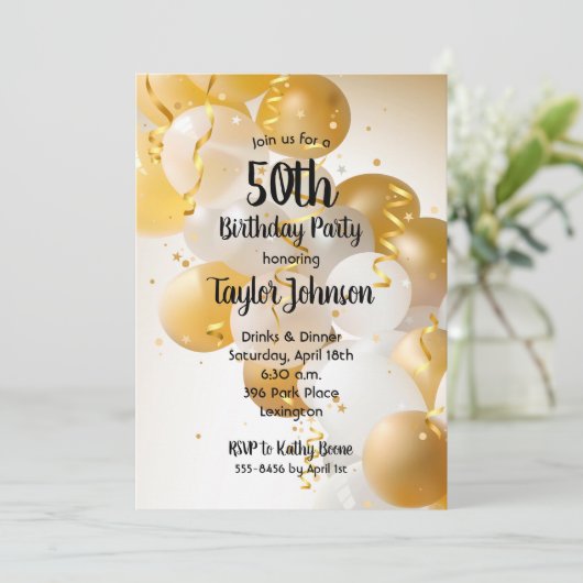 金ゴールドの白いバルーンバースデーパーティ招待状 (スタンド正面)
