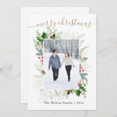 金ゴールドの白い緑のメリークリスマスフォト シーズンカード (正面/裏面)
