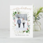 金ゴールドの白い緑のメリークリスマスフォト シーズンカード (スタンド正面)