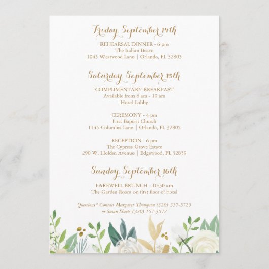 金ゴールドの白い花の結婚式のホテルの歓迎カード プログラム (裏面)