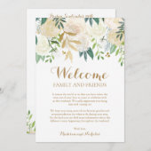 金ゴールドの白い花の結婚式のホテルの歓迎カード プログラム (正面/裏面)