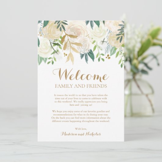 金ゴールドの白い花の結婚式のホテルの歓迎カード プログラム (スタンド正面)