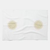 金ゴールドの白い華美マンダパターン キッチンタオル (横)