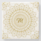 金ゴールドの白い華美マンダパターン ストーンコースター (正面)