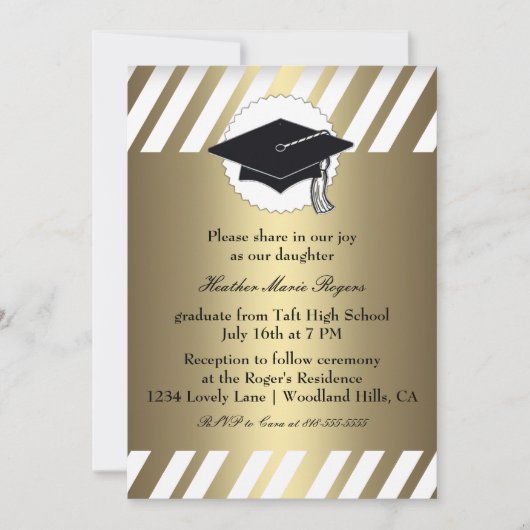 金ゴールドの白くストライプのな卒業Inivitation 招待状 (正面)