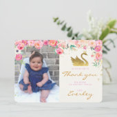 金ゴールドの白鳥のプリンセスのピンクの花柄のサンキューカード サンキューカード (スタンド正面)