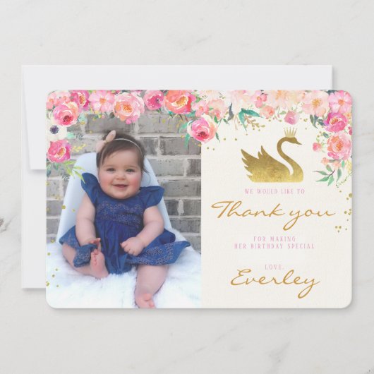 金ゴールドの白鳥のプリンセスのピンクの花柄のサンキューカード サンキューカード (正面)