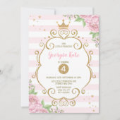 金ゴールドの皇太子妃のピンクの花柄の第1誕生会 招待状 (正面)