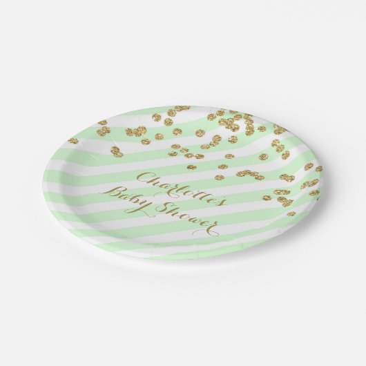 金ゴールドの真新しい緑の紙吹雪のストライプなベビーシャワーのプレート ペーパープレート (アングル)