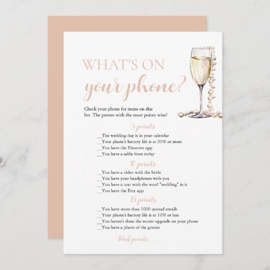 金ゴールドの真珠とプロセッコあなたの電話ゲームに何が 招待状 (正面/裏面)