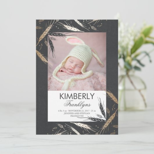 金ゴールドの秋の生まれたばかりのなベビーの写真の誕生の発表 案内状 (スタンド正面)
