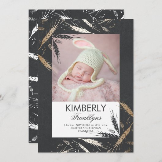 金ゴールドの秋の生まれたばかりのなベビーの写真の誕生の発表 案内状 (正面/裏面)