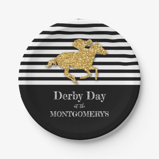 金ゴールドの競走馬の白黒ストライプ付き ペーパープレート (正面)