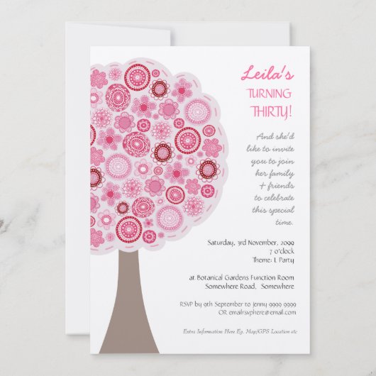 金ゴールドの第30誕生日デザイナーピンクの木の招待状 招待状 (裏面)