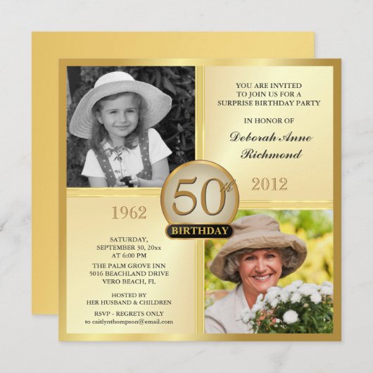 金ゴールドの第50誕生日の招待状そして及び今2つの写真 招待状 (正面/裏面)
