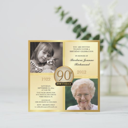 金ゴールドの第90誕生日の招待状そして及び今2つの写真 招待状 (スタンド正面)