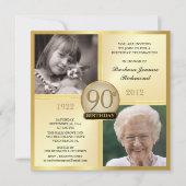 金ゴールドの第90誕生日の招待状そして及び今2つの写真 招待状 (正面)