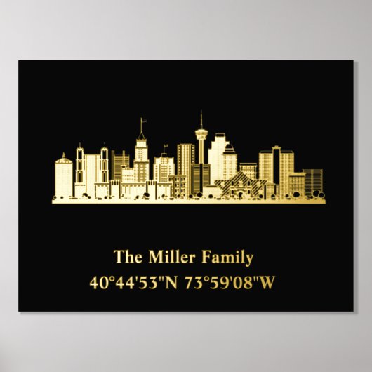 金ゴールドの米国のスカイライン緯度サンアントニオ 箔ポスター (正面)