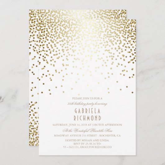 金ゴールドの紙吹雪のエレガントなヴィンテージの白い誕生会 招待状 (正面/裏面)