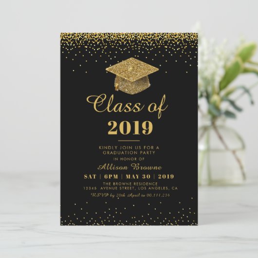 金ゴールドの紙吹雪の卒業のパーティの招待状 招待状 (スタンド正面)