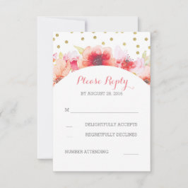 金ゴールドの紙吹雪の花の水彩画の赤面のピンクRSVP 出欠カード