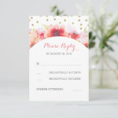 金ゴールドの紙吹雪の花の水彩画の赤面のピンクRSVP 出欠カード (スタンド正面)