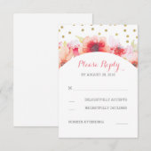 金ゴールドの紙吹雪の花の水彩画の赤面のピンクRSVP 出欠カード (正面/裏面)