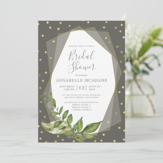 金ゴールドの紙吹雪は灰色の幾何学的なブライダルシャワーを去ります 招待状 (スタンド正面)