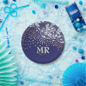 金ゴールドの紙吹雪海軍レースの結婚式のモノグラム ペーパープレート (パーティー)