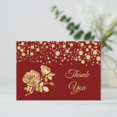 金ゴールドの紙吹雪、赤い結婚式のバラは感謝していしています サンキューカード (スタンド正面)