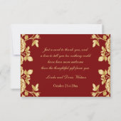 金ゴールドの紙吹雪、赤い結婚式のバラは感謝していしています サンキューカード (裏面)