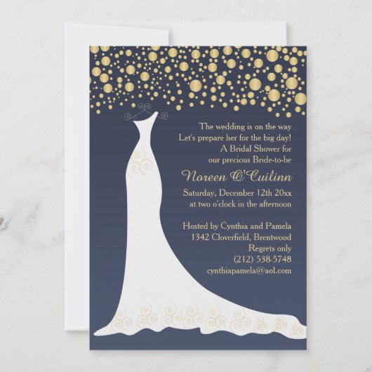 金ゴールドの紙吹雪、青いブライダルシャワーの婚礼衣裳 招待状 (正面)