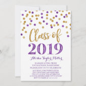 金ゴールドの紫色のグリッターの紙吹雪の卒業パーティー2019年 招待状 (正面)