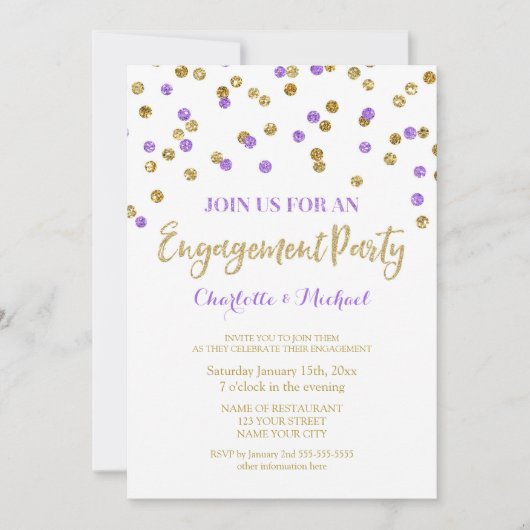 金ゴールドの紫色の紙吹雪の婚約パーティの招待状 招待状 (正面)