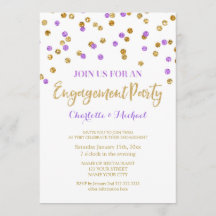 金ゴールドの紫色の紙吹雪の婚約パーティの招待状