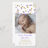 金ゴールドの紫色はベビーシャワーの写真カード感謝していしています サンキューカード (正面/裏面)