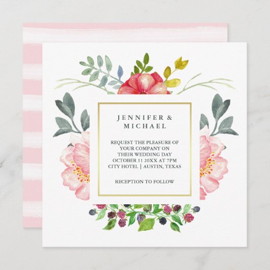 金ゴールドの結婚のかわいらしいピンクの水彩画のシャクヤク 招待状 (正面/裏面)