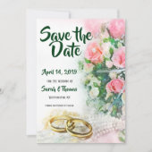 金ゴールドの結婚指輪を持つ日付のピンクのバラを救って下さい セーブザデート (正面)