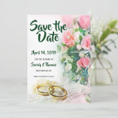 金ゴールドの結婚指輪を持つ日付のピンクのバラを救って下さい セーブザデート (スタンド正面)