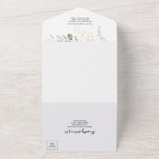 金ゴールドの結婚緑の葉が一つの招待状 オールインワン招待状 (外側)