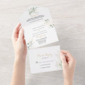 金ゴールドの結婚緑の葉が一つの招待状 オールインワン招待状 (貼ってはがせる)